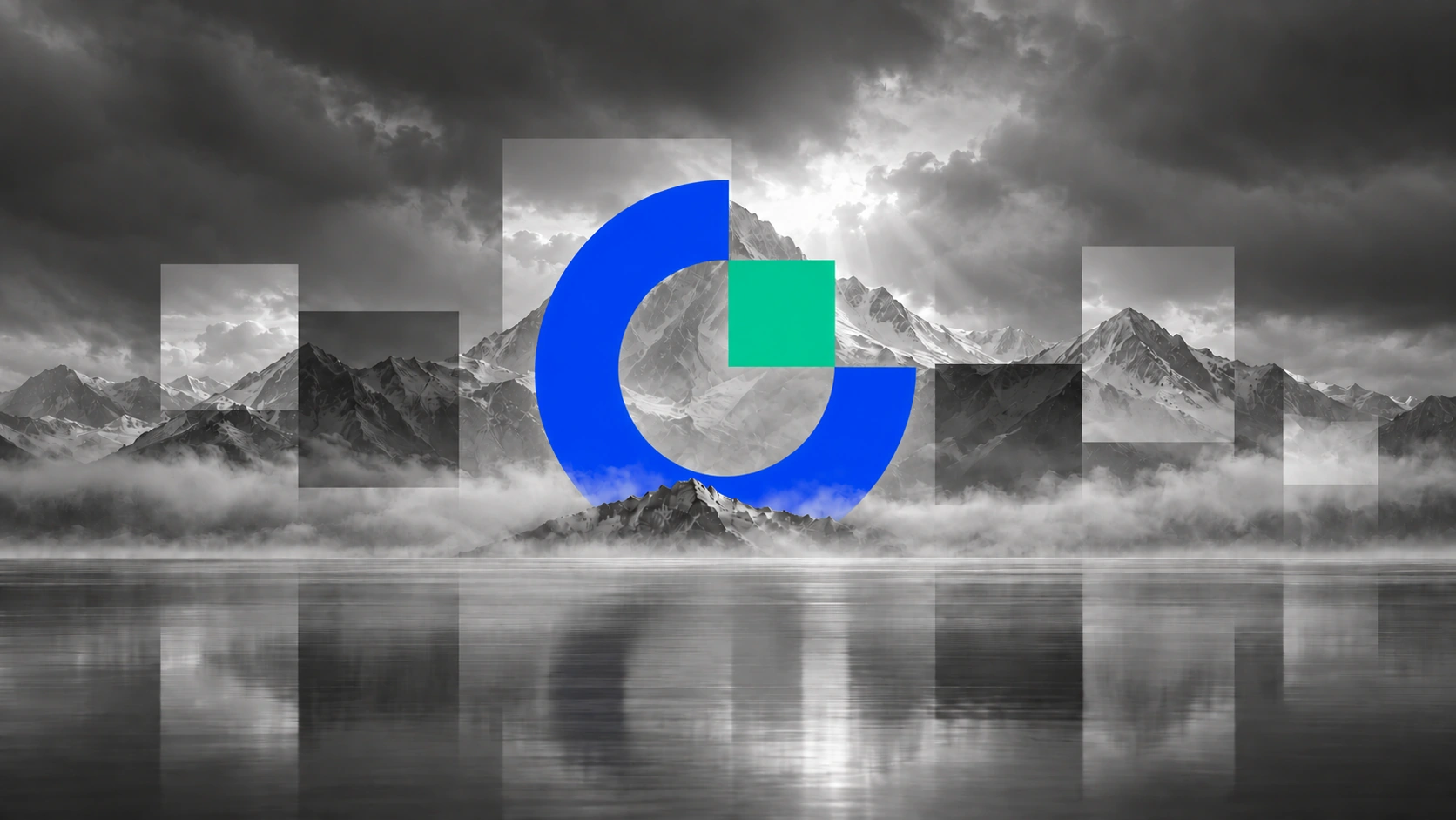 The blue and green Gate logo rises behind a foreground ridge in a monochrome mountain landscape, with soft storm clouds, large square glitch panels and reflections on a misty lake.