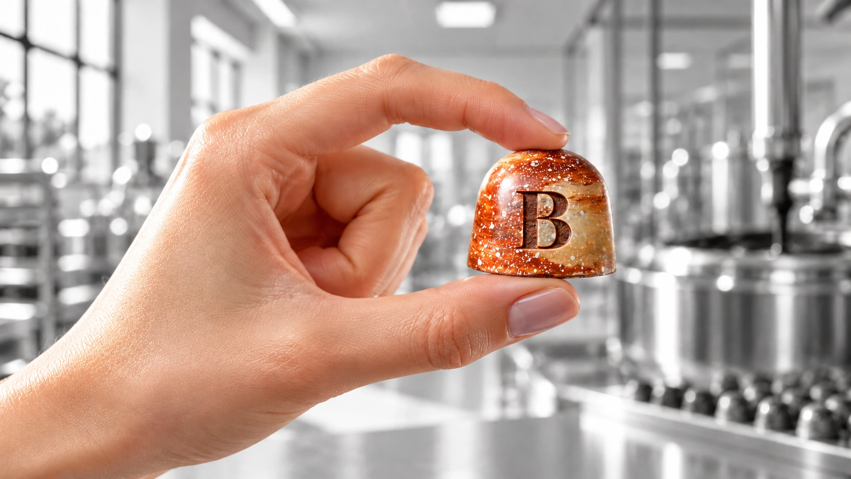 A naturally coloured hand holding a caramel-and-cream Mr. Bucket bonbon against a softly blurred monochrome chocolate factory.